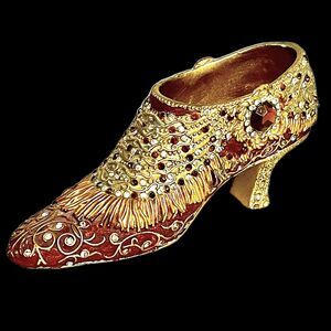 Victorian Metal Shoe Rhinestones Gold Toned Mauve Open Inside  SIX INCH Lovely!